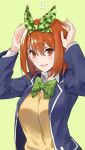  1girl bow bowtie brown_eyes brown_hair character_request cosplay go-toubun_no_hanayome green_hairband green_neckwear hairband hands_up highres iriam looking_at_viewer nakano_yotsuba nakano_yotsuba_(cosplay) open_mouth school_uniform short_hair solo yuuzuki_(re&#039;ef) 