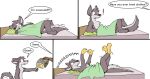  bed canid canine canis comic dialogue english_text fox fur furniture head_tuft hybrid mammal nude on_bed pillow simple_background smile speech_bubble text tuft white_background wolf zenonclaw 