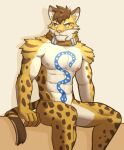  2021 abs amber_eyes anthro arm_support athletic athletic_anthro athletic_male biceps brown_hair clouded_leopard collar felid fur hair hi_res jrjresq leopard likulau looking_away male mammal nekojishi nipples nude pantherine pecs sitting solo spots spotted_body spotted_fur studio_klondike tan_body tan_fur tattoo video_games visual_novel 