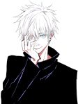  1boy aqua_eyes bangs black_jacket gojou_satoru hair_between_eyes hand_on_own_face hibimegane high_collar jacket jujutsu_kaisen long_sleeves looking_at_viewer male_focus one_eye_closed simple_background smile solo upper_body white_background white_hair 