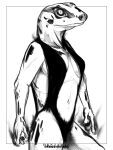  3:4 absurd_res amphibian anthro benjamin_ratterman black_and_white breasts female frog hi_res looking_at_viewer magic magic_user monochrome non-mammal_breasts poison_dart_frog slim smoke solo 
