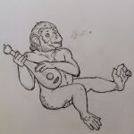  1:1 2021 5_fingers 5_toes absurd_res anthro ape balls barely_visible_balls barely_visible_genitalia chimpanzee feet fingers genitals haplorhine hi_res line_art lute male mammal musical_instrument musical_note narcixus nide plucked_string_instrument primate signature sitting solo string_instrument toes traditional_media_(artwork) 