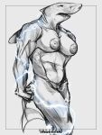  3:4 absurd_res anthro benjamin_ratterman big_breasts black_and_white breasts electricity electricity_manipulation elemental_manipulation female fish genitals hi_res lightning magic magic_user marine monochrome muscular muscular_anthro muscular_female shark shark_tail solo 