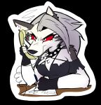  anthro canid canid_demon clothed clothing collar demon female fingerless_gloves fur gloves grey_hair hair handwear hellhound helluva_boss hi_res loona_(vivzmind) mammal notched_ear red_sclera solo spiked_collar spikes white_body white_fur zenonclaw 