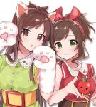  2girls :3 :o animal_ears animal_print antenna_hair apple_print belt blush brown_hair buttons cat_paws cat_print collarbone cosplay costume_switch eyebrows_visible_through_hair fake_animal_ears green_eyes hair_ornament hair_ribbon hairband highres idolmaster idolmaster_cinderella_girls knokzm looking_at_viewer maekawa_miku multiple_girls paws ponytail red_eyes ribbon ringorou_(idolmaster) short_sleeves simple_background smile tsujino_akari upper_body white_background 