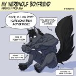  2021 angry anthro arrow big_tail canid canine canis cellphone comic dialogue english_text frown hair hi_res humor male mammal muscular muscular_anthro muscular_male nude olly_(mwb) pawpads paws phone shreddyfox sitting smartphone solo speech_bubble text text_box were werecanid werecanine werewolf wolf 