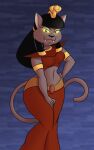  absurd_res anthro armband chadrocco disney disney&#039;s_aladdin domestic_cat fangs felid feline felis female glowing glowing_eyes hi_res looking_at_viewer mammal midriff mirage_(aladdin) solo wide_hips 