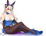  1girl absurdres adapted_costume alternate_costume alternate_hairstyle animal_ears bangs bare_shoulders black_hairband black_legwear blush breasts bunny_ears cleavage collar corrin_(fire_emblem) corrin_(fire_emblem)_(female) fake_animal_ears fire_emblem fire_emblem_fates fire_emblem_heroes flower gloves hair_ornament hairband highres leotard long_hair looking_at_viewer pantyhose platinum_blonde_hair playboy_bunny pointy_ears red_eyes seityr sleeveless smile solo twintails white_background white_gloves wrist_cuffs 