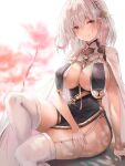  1girl arm_support azur_lane blush braid breasts cherry_blossoms china_dress chinese_clothes dress french_braid garter_straps highres large_breasts liaowen looking_at_viewer parted_lips pelvic_curtain red_eyes revealing_clothes see-through_sleeves short_hair silver_hair sirius_(azur_lane) sirius_(azure_horizons)_(azur_lane) skindentation solo thighhighs white_legwear 