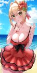  1girl absurdres ahoge beach blue_sky breasts cloud dress fate/extra fate_(series) flower frilled_dress frills green_eyes hair_flower hair_ornament highres large_breasts looking_at_viewer modern_costume_of_crimson nero_claudius_(fate) nero_claudius_(fate)_(all) red_dress sand sky summer yayoi_maka 