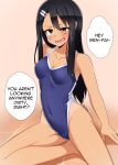  1girl black_hair blue_swimsuit breasts brown_eyes cleavage competition_swimsuit dark_skin dark_skinned_female english_text hair_ornament hairclip highres ijiranaide_nagatoro-san izuthree long_hair nagatoro_hayase one-piece_swimsuit one-piece_tan open_mouth small_breasts solo swimsuit tan tanline teeth 