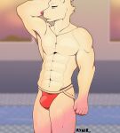  abs absurd_res anthro biceps big_arms bulge canid canine canis clothing domestic_dog hi_res jockstrap male mammal muscular muscular_anthro muscular_male pecs pool_(disambiguation) rynir signature solo swimming_pool underwear window 