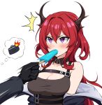  1girl acso arknights bag bare_shoulders black_dress black_jacket breasts cleavage collarbone detached_collar doctor_(arknights) dress food food_in_mouth frown highres horns jacket large_breasts long_hair off_shoulder open_clothes open_jacket popsicle purple_eyes red_hair sleeveless sleeveless_dress solo_focus surtr_(arknights) sweat thought_bubble upper_body v-shaped_eyebrows 