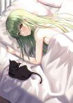  1girl absurdres animal bed_sheet black_cat blanket blush breasts c.c. cat code_geass completely_nude green_hair highres junkt729 long_hair looking_at_viewer lying nude on_stomach pillow sideboob small_breasts under_covers upper_body very_long_hair yellow_eyes 
