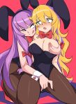  2girls :o :q alternate_costume animal_ears bangs black_hairband black_legwear black_leotard blonde_hair blunt_bangs blush bow bowtie braid breast_grab breasts bright_pupils bunny_ears commentary_request cookie_(touhou) crescent crescent_hair_ornament detached_collar eyebrows_visible_through_hair fake_animal_ears full_body grabbing green_eyes hair_between_eyes hair_bow hair_ornament hairband highres kirisame_marisa large_breasts leotard long_hair looking_at_another looking_to_the_side mars_(cookie) multiple_girls nose_blush open_mouth paburisiyasu pantyhose patchouli_knowledge playboy_bunny purple_eyes purple_hair red_background red_bow shadow side_braid single_braid strapless strapless_leotard taisa_(cookie) tongue tongue_out touhou very_long_hair white_pupils wing_collar wrist_cuffs yuri 