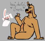  adam&#039;s_apple anthro canid canine canis cowboycasanova crossed_legs domestic_dog genitals gesture lagomorph leaning leaning_back low_res male mammal max_(sam_and_max) nipples penis pointing presenting presenting_penis sam_and_max samuel_dog sitting solo vein veiny_penis 