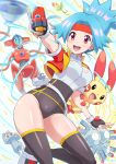  1girl :d absurdres bellsprout belt blue_hair blurry blush breasts brown_legwear capture_styler commentary_request covered_navel cropped_jacket deoxys deoxys_(normal) electricity eyelashes fingerless_gloves gen_1_pokemon gen_3_pokemon gloves headband highres jacket long_hair machop magneton mythical_pokemon open_clothes open_jacket open_mouth orange_headband plusle pokemoa pokemon pokemon_(creature) pokemon_ranger pokemon_ranger_1 shiny shiny_skin shoes short_sleeves smile solana_(pokemon) teeth thighhighs tongue white_background 