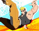  1boy armpits bara blonde_hair character_request crotchless crotchless_pants dancing feet_out_of_frame highres kuro_(shiranui) looking_at_viewer male_cleavage male_focus multicolored_hair muscular muscular_male orange_pants pants pectorals red_eyes scar scar_across_eye short_hair sideburns sidepec sleeveless sleeveless_jacket solo sunglasses tokyo_houkago_summoners two-tone_hair 