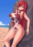 1girl arm_tattoo beach blue_sky breasts brown_eyes casual_one-piece_swimsuit cloud cowboy_shot day erza_scarlet fairy_tail floral_print flower hair_over_one_eye head_tilt highleg highleg_swimsuit large_breasts long_hair looking_at_viewer one-piece_swimsuit outdoors red_hair rock rocky-ace rose sky solo swimsuit tattoo turtleneck white_swimsuit 