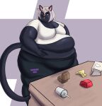  absurd_res anthro belly beverage big_belly big_breasts breasts domestic_cat fast_food felid feline felis female food hair hi_res lumieart mammal obese obese_anthro obese_female overweight overweight_anthro overweight_female soda solo solo_focus stuffing sweatpants white_hair 