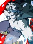  1boy animal_ears bara bulge feet_out_of_frame furry grey_hair headband highres horkeu_kamui_(tokyo_houkago_summoners) jacket jacket_on_shoulders kuro_(shiranui) large_pectorals looking_at_viewer male_focus multicolored_hair muscular muscular_male pectorals revealing_clothes silver_hair simple_background solo thighs tokyo_houkago_summoners vambraces 