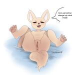  4_toes aggressive_retsuko anthro anus bed_sheet bedding big_ears blush breasts canid canine fangs feet female fenneko fluffy fluffy_tail fox genitals hi_res mammal pawpads paws pussy sanrio smug soles solo spread_legs spreading tkupbook toes 