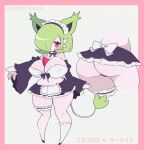  1girl :o absurdres animal_ears apron ass bare_shoulders black_panties blush bob_cut bow bow_bra bra breasts cat_ears clarevoir cleavage covered_nipples delcatty frills full_body fusion gardevoir gen_3_pokemon hair_over_one_eye highres large_breasts long_hair looking_at_viewer maid maid_apron maid_headdress multiple_views navel original panties red_eyes short_hair sidelocks simple_background single_thighhigh skindentation solo tail thigh_strap thighhighs thighs underwear 