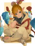  1boy artist_name bangs bird black_gloves blonde_hair blue_eyes border brown_jacket brown_pants chicken earrings full_body gloves hair_ornament highres indian_style iva_(sena0119) jacket jewelry link long_sleeves male_focus pants pointy_ears sitting solo the_legend_of_zelda the_legend_of_zelda:_breath_of_the_wild topknot white_border 