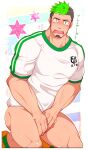  1boy alternate_costume bara black_hair blush bottomless covering covering_crotch dark_skin dark_skinned_male embarrassed facial_hair feet_out_of_frame goatee green_hair highres kuro_(shiranui) looking_at_viewer male_focus multicolored_hair muscular muscular_male naked_shirt pectorals shirt short_hair sideburns solo sportswear stomach taurus_mask tearing_up thighs tokyo_houkago_summoners translation_request two-tone_hair white_shirt 