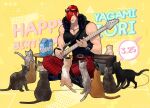 1boy animal cat choker guitar hair_over_one_eye instrument jacket looking_at_viewer male_focus muscular pants red_eyes short_hair simple_background sleeveless snk solo the_king_of_fighters the_king_of_fighters_&#039;95 yagami_iori yaka_(kk1177) 