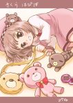  1girl amatsuka_sakura baby_princess bag brown_dress brown_eyes brown_hair brown_headwear child dress hat highres lying midoya_(icecandy) on_side open_mouth shirt short_hair smile solo stuffed_animal stuffed_toy teddy_bear white_shirt 