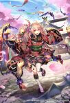  1girl animal bat bat_wings cherry_blossoms clogs flag japanese_clothes kimono kite lantern long_hair looking_at_viewer new_year open_mouth pink_hair ponytail racket red_eyes romancing_saga_re;universe shrine solo teeth tef temple thighhighs twintails vampire white_legwear wings 
