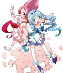  1girl 2girls back-to-back blue_dress blush boots brooch cherry_blossoms choker cure_blossom cure_marine dress forehead from_above hair_ornament hanasaki_tsubomi heart heart_hair_ornament heartcatch_precure! high_heels high_ponytail jewelry kurumi_erika long_hair looking_at_viewer looking_up multiple_girls petals pink_choker pink_dress ponytail precure puffy_short_sleeves puffy_sleeves sata_(akasata64) short_sleeves smile thighhighs v very_long_hair wavy_hair white_background white_dress 