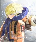  1girl absurdres apex_legends backpack bag bangs blonde_hair blue_bodysuit bodysuit electricity eyebrows_visible_through_hair floating_hair hair_behind_ear highres hitachi_sou hood hooded_jacket jacket leaning_back looking_at_viewer orange_jacket silver_eyes smile solo wattson_(apex_legends) white_bodysuit 