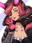  1girl absurdres apex_legends black_choker black_gloves black_headwear black_jacket blue_eyes breasts choker cleavage collarbone cyber_punked_wattson eyepatch gloves highres hood horns jacket link_(eggworking) lipstick looking_at_viewer makeup medium_breasts one_eye_covered open_mouth pink_hair purple_lips solo wattson_(apex_legends) 