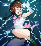  1girl absurdres bishoujo_senshi_sailor_moon bow brown_hair choker earrings elbow_gloves fighting_stance gloves green_eyes green_sailor_collar hair_ornament highres jewelry kino_makoto lightning long_hair magical_girl ponytail sailor_collar sailor_jupiter sailor_moon sailor_senshi_uniform skirt ujou white_gloves 