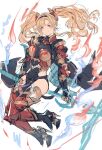  1girl armlr bangs blonde_hair blue_eyes blush bodysuit braid breasts cleavage gauntlets gloves granblue_fantasy hair_intakes hair_ornament hairband highres jewelry long_hair looking_at_viewer polearm shimatani_azu sidelocks simple_background smile solo spear twintails weapon zeta_(granblue_fantasy) 