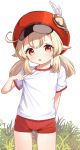  1girl ahoge bangs cabbie_hat english_commentary genshin_impact grass gym_uniform hat hat_feather highres klee_(genshin_impact) looking_at_viewer medium_hair pointy_ears red_eyes red_headwear red_shorts shirt short_shorts short_sleeves shorts sidelocks solo standing twintails white_background white_shirt xooku 