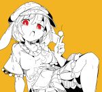  1girl animal_ears breasts bright_pupils bunny_ears cabbie_hat crescent dango food hat highres holding limited_palette looking_at_viewer ma_sakasama medium_breasts midriff navel open_mouth red_eyes ringo_(touhou) short_hair shorts simple_background solo star_(symbol) touhou wagashi white_pupils yellow_background 