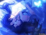  aino_yumeri bed black_hair blurry blurry_background bug butterfly copyright_name hand_on_another&#039;s_cheek hand_on_another&#039;s_face indoors insect long_hair lying official_art on_side open_mouth pajamas pandora_party_project 