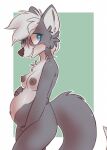  2018 anthro areola barley_(elijah-draws) breasts canid canine canis chest_tuft conditional_dnp domestic_dog elijah-draws female fur green_background grey_body grey_fur hi_res looking_at_viewer mammal multicolored_body multicolored_fur nipples nude pregnant pregnant_female simple_background smile solo tuft two_tone_body two_tone_fur white_body white_fur 