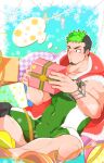  1boy absurdres bara black_hair blush box bulge christmas covered_navel crossed_legs dark_skin dark_skinned_male facial_hair feet_out_of_frame gift gift_box goatee green_hair highres kuro_(shiranui) male_cleavage male_focus multicolored_hair muscular muscular_male pectorals santa_costume short_hair sideburns skin_tight solo taurus_mask thighs tokyo_houkago_summoners two-tone_hair wrestling_mask wrestling_outfit 
