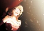  1girl :d ahoge akamatsu_kaede bangs bare_shoulders black_gloves blonde_hair breasts cleavage collarbone commentary_request danganronpa_(series) danganronpa_v3:_killing_harmony dress earrings elbow_gloves eyebrows_visible_through_hair gloves gradient gradient_background gwanlamcha hair_ornament hand_up happy jewelry large_breasts long_hair looking_at_viewer musical_note musical_note_hair_ornament off_shoulder open_mouth pink_dress pink_eyes smile solo upper_body 