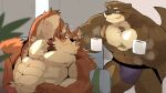  2021 abs anthro armpit_hair bamwuff big_muscles blue_eyes body_hair brown_body brown_fur bulge canid canine canis clothing cup duo ear_piercing friday_(friday_otter) fur genitals hi_res hyaku_(artist) lutrine male male/male mammal muscular muscular_anthro muscular_male mustelid nipples pecs penis piercing thick_penis underwear wolf 