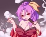  1girl :d absurdres bangs black_background blowing_smoke breasts cleavage dior-zi eyebrows_visible_through_hair gradient gradient_background hair_ribbon highres holding holding_pipe kiseru komakusa_sannyo large_breasts long_sleeves looking_at_viewer medium_hair off_shoulder open_mouth pipe ponytail purple_hair red_eyes red_nails ribbon smile smoke solo tobacco touhou upper_body v-shaped_eyebrows wide_sleeves yellow_ribbon 