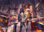  2boys animal_ears arknights black_coat city coat doctor_(arknights) dog_ears face-to-face factory greyy_(arknights) hat holding holding_wand holding_weapon lantern mask multiple_boys pants scorpion5050 shirt short_hair sitting stairs sweater wand weapon white_headwear white_shirt 