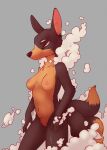  2018 3_tails anthro breasts brown_body brown_fur canid canine conditional_dnp crotch_tuft demon dipstick_tail elijah-draws female fox fur genitals grey_background hi_res hybrid mammal multi_tail multicolored_body multicolored_fur multicolored_tail navel nipples orange_body orange_fur portrait pussy simple_background smoke solo three-quarter_portrait tuft two_tone_body two_tone_fur 