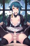  2boys alternate_costume anal apron areolae bangs black_legwear blue_hair blush bow bowtie censored crossdressing earrings enmaided erection eyebrows_visible_through_hair frilled_apron frilled_skirt frills genshin_impact heart highres hinghoi holding jewelry licking_lips long_sleeves looking_at_viewer maid maid_apron maid_headdress male_focus multiple_boys navel nipples otoko_no_ko pectorals penis puffy_sleeves sex short_hair single_earring skirt skirt_lift smile solo_focus tassel tassel_earrings testicles thighhighs tongue tongue_out tree victorian_maid waist_apron window xingqiu_(genshin_impact) yaoi yellow_eyes 