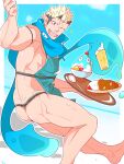  1boy :d alternate_costume apron ass bara bare_shoulders black_hair black_male_underwear blonde_hair blue_apron blue_scarf curry food foot_out_of_frame fundoshi highres holding holding_tray horns ice_cream japanese_clothes jiraiya_(tokyo_houkago_summoners) kuro_(shiranui) looking_at_viewer male_focus multicolored_hair muscular muscular_male no_pants oni open_mouth pectorals pointy_ears scarf short_hair sideburns sidepec skin-covered_horns smile solo thighs tokyo_houkago_summoners tray two-tone_hair undercut 