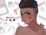  1girl apex_legends bangalore_(apex_legends) bare_shoulders black_hair bracelet brown_eyes brown_eyeshadow character_name collarbone color_guide dark_skin dark_skinned_female earrings hand_on_own_shoulder head_tilt heart hoop_earrings iyo_(nanaka-0521) jewelry lipstick_mark parted_lips short_hair solo undercut upper_body v-shaped_eyebrows 